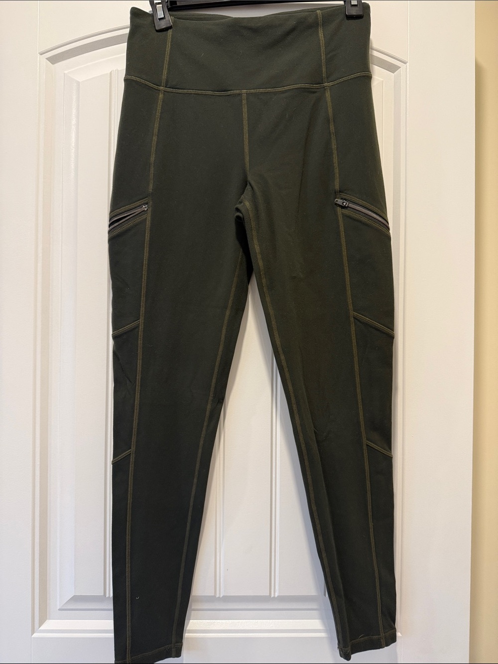 Athleta Olive Green High-Rise Leggings with Zip Thigh Pockets